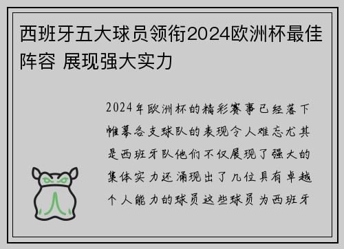 西班牙五大球员领衔2024欧洲杯最佳阵容 展现强大实力